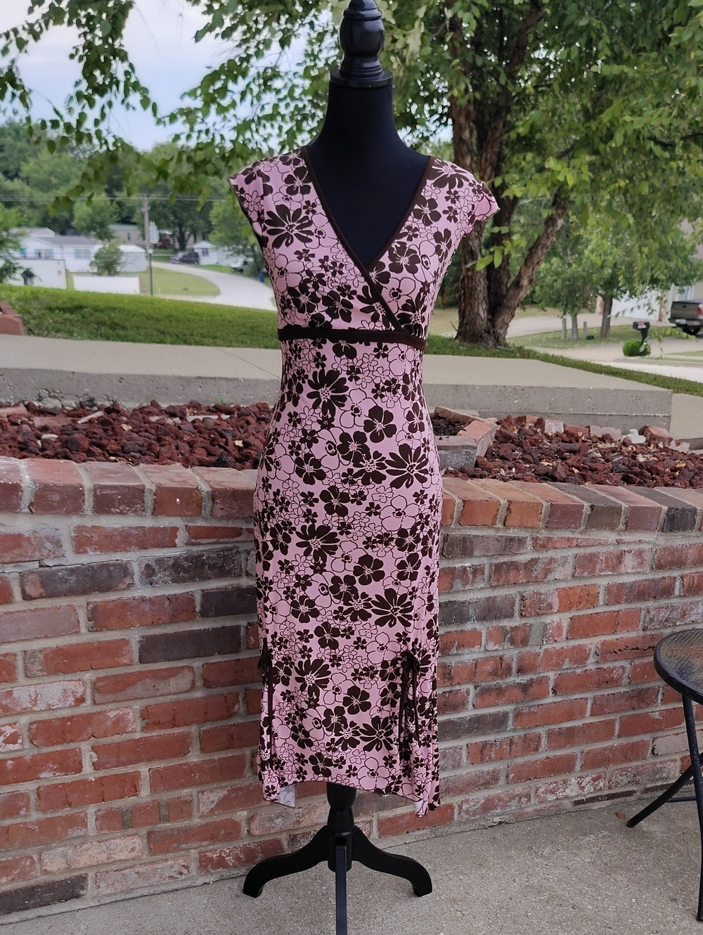 Vintage Ruby Rox Babydoll Dark Floral Asymmetrical Bow Hem Midi Dress Size S Y2K